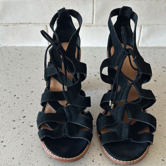 UGG Harris Black Suede Strappy Stacked Block Heeled Sandals Women’s Size 11 EUC - Picture 2 of 16